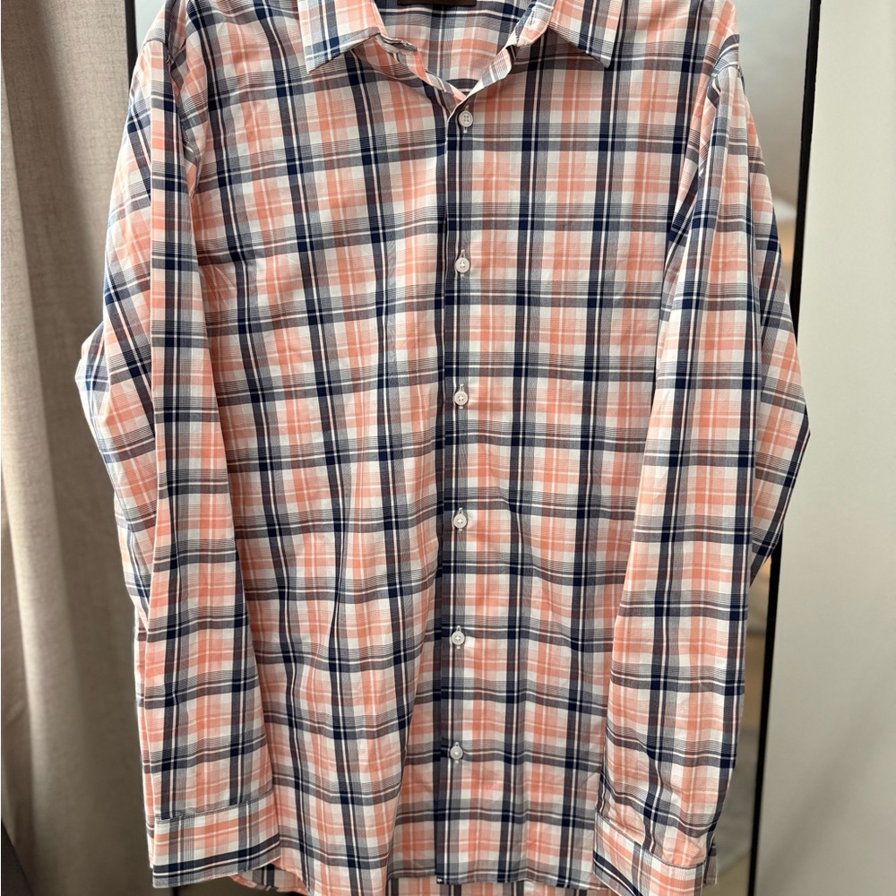 Casual Plaid Button-Down Shirt - Navy and Peach
